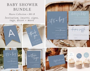 It's a Boy Baby Shower Bundle, Dusty Blue Baby Shower Bundle, Modern Invitation Set, Minimal Baby Shower Pack, Kit, Editable Template 001-B