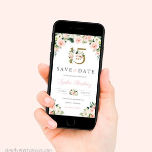 May include: A digital save the date card with a floral design. The card is for a quincea&ntilde;era celebration for Sophia Martinez on Saturday, August 25th, 2020 in Anytown, California.