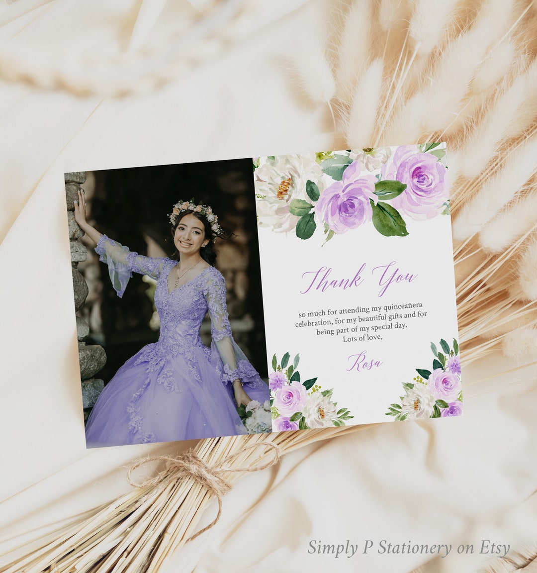 Lilac Quinceañera Thank You Card, Quince Photo Thank You, Printable Mis Quince Thank You