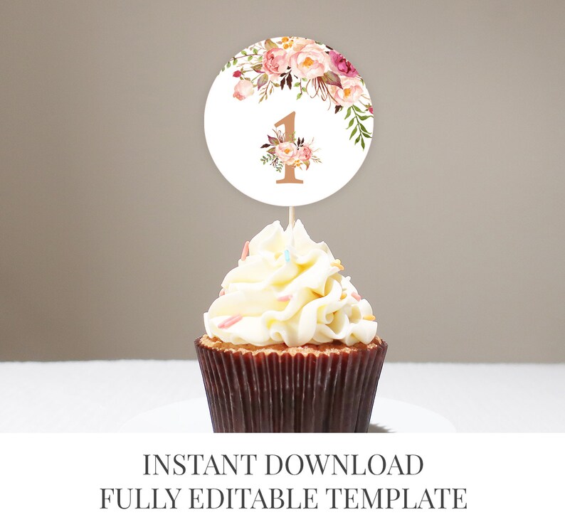 Rose Gold Editable Birthday Cupcake Toppers Printable Cupcake Etsy