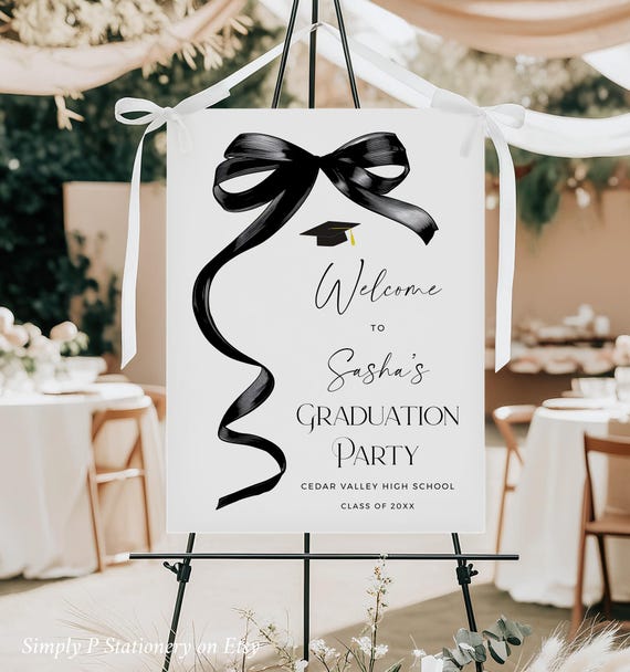 Black Bow Graduation Party Welcome Sign, Black Ribbon Graduation Welcome Poster Template, Printable Welcome Board Yard Sign, Editable 059-A