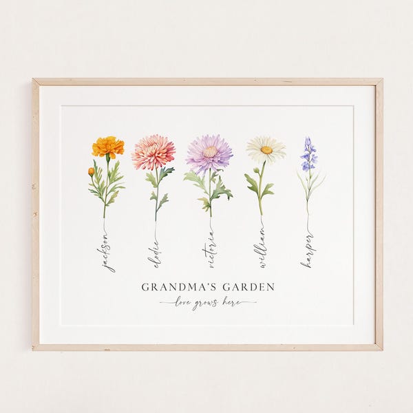 Impresión de flores de nacimiento del jardín de la abuela para Nana, regalo de Navidad personalizado para la abuela, ramo de flores de nacimiento, arte digital con los nombres de los nietos