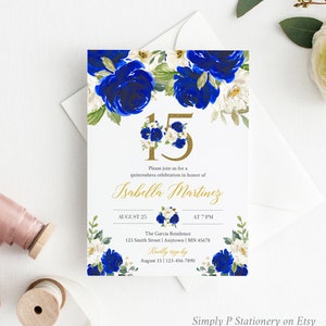 Royal Blue Gold Floral Quinceanera Birthday Editable Invitation, Printable Mis Quince Invite Template, Blue 15 XV Instant Download 069-W