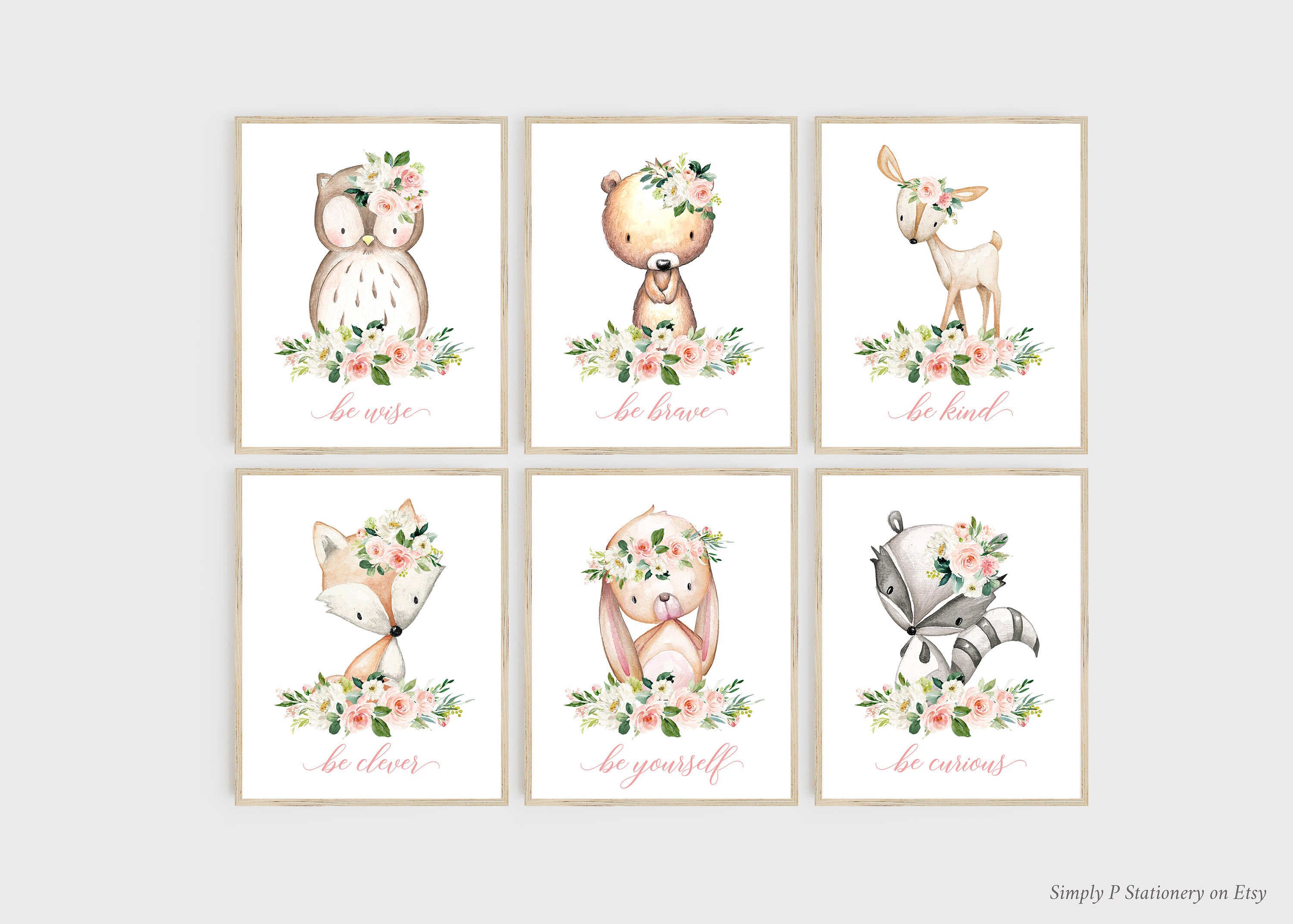 Blush Pink Floral Woodland Animals Nursery Art Rabbit Bear | Etsy