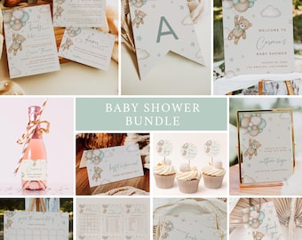 Green Bear Baby Shower Bundle, We Can Bearly Wait Themed Shower, Editable Template 044-C