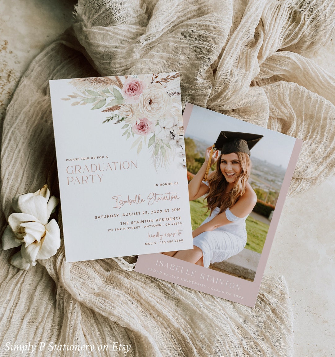 Boho Graduation Party Invitation, Pampas Grass Photo Invite, Printable