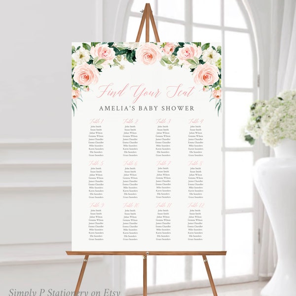 Blush Pink Editable Seating Chart, Printable Table Plan Template, Baby Bridal Shower Wedding, 18 x 24 24 x 36 A1 A2, Instant Download, 016-W