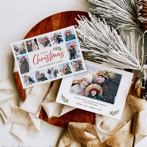 May include: Two Christmas cards with family photos on a wooden surface. One card says "Merry Christmas" in red script with family photos. The other card has a family photo and the text "Wishing you all the best for Christmas and the New Year."