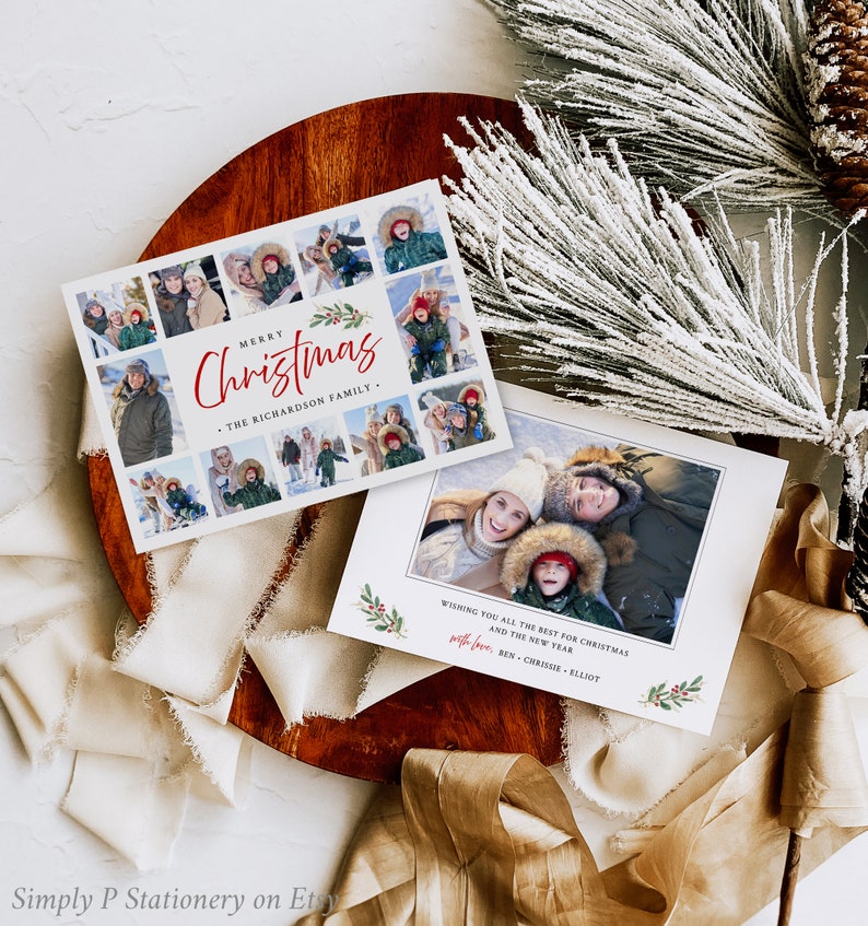 May include: Two Christmas cards with family photos on a wooden surface. One card says "Merry Christmas" in red script with family photos. The other card has a family photo and the text "Wishing you all the best for Christmas and the New Year."