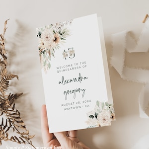 Boho Quinceañera Booklet Program, Printable Mis Quince Bi-Fold Template, Editable 15 XV Años Schedule, Sage Green Order of Events Boho 027-W