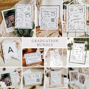 Op de afbeelding: Een set printbare afstudeerfeestborden en -kaarten met een zwart-witte doodle-stijl. De borden omvatten een welkomstbord, een collegefondsbord, een bedankbord, een aangepast bord, een buffet- of plaatskaart en een advieswensbord. De kaarten omvatten een afstudeeraanmeldingskaart, een bedankkaart en een collegefondskaart.