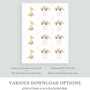 Pink Floral Giraffe Editable Cupcake Toppers, Blush Printable Cupcake ...