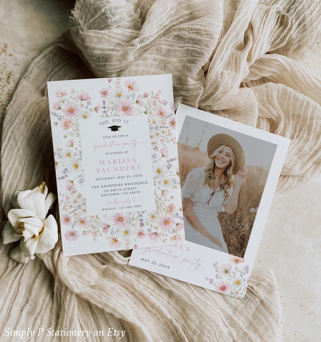 Pink Grad Invite Template Girl's Graduation Party Photo Invitation, Wildflower Graduation ...