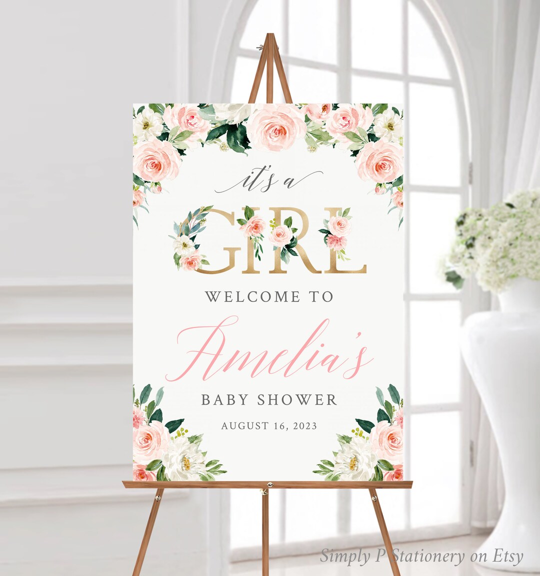 Pink Floral Editable It's a Girl Baby Shower Sign, Blush