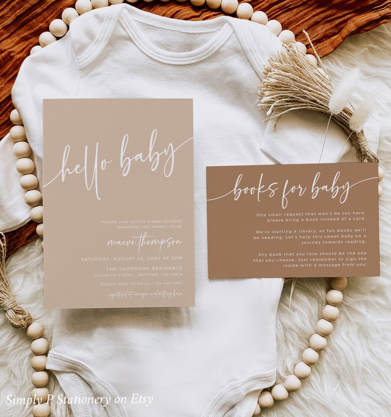 May include: A brown baby shower invitation with white text that says "hello baby" and includes the details for the event. A separate card with brown background and white text says "books for baby" and asks guests to bring a book instead of a card.