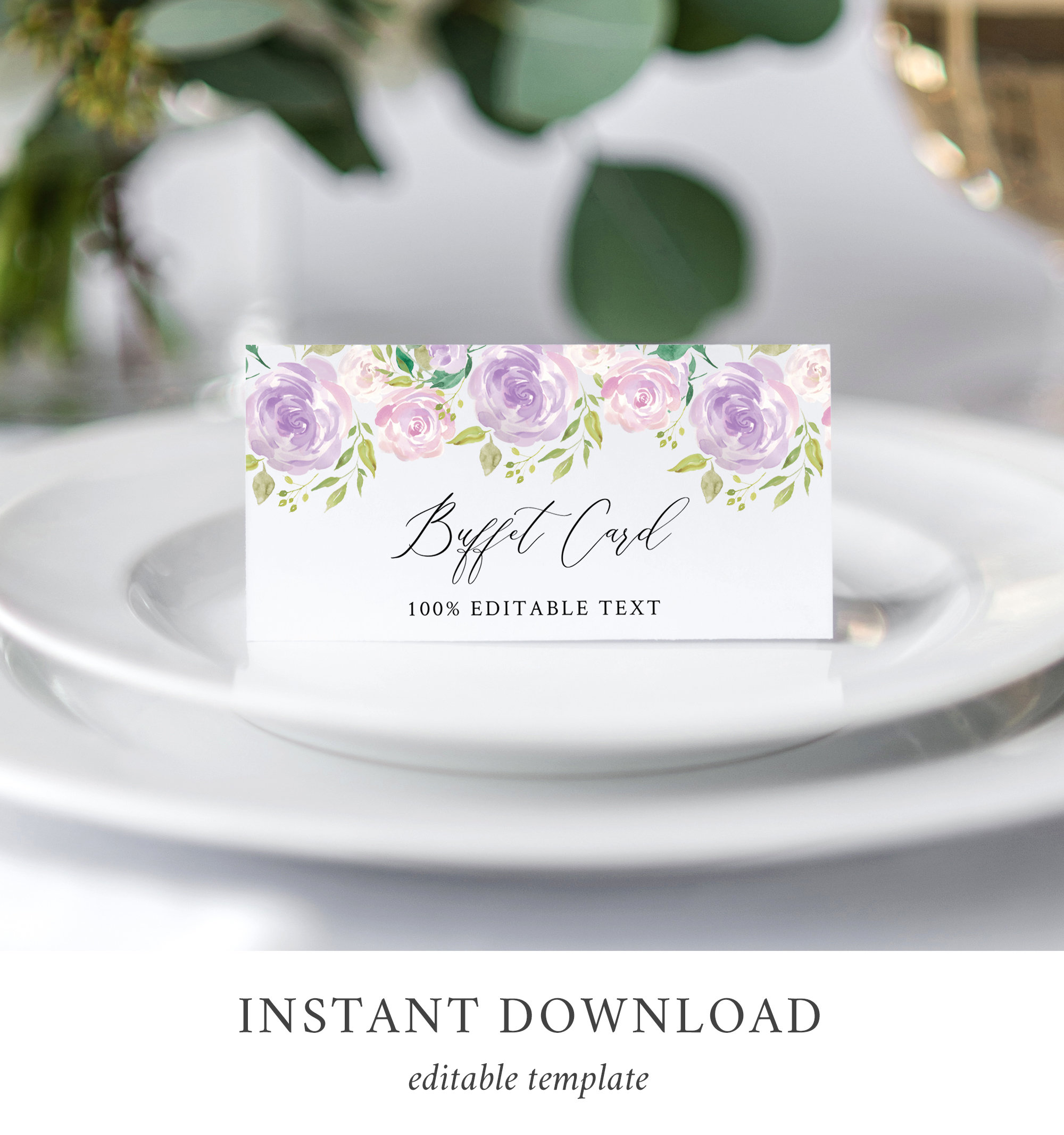 Étiquette de buffet floral lilas, carte de tente de buffet de