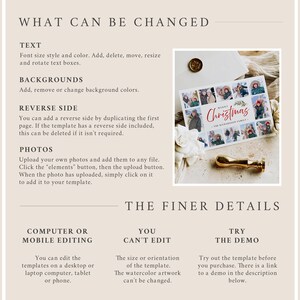 May include: A beige graphic with text detailing editable elements of a template, including text, backgrounds, and photos. A Christmas card with family photos and the word "Christmas" is displayed. A gold wax seal and stamp are also visible.