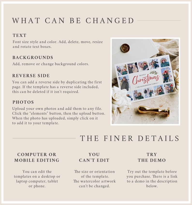 May include: A beige graphic with text detailing editable elements of a template, including text, backgrounds, and photos. A Christmas card with family photos and the word "Christmas" is displayed. A gold wax seal and stamp are also visible.