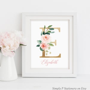 Gold Blush Pink Monogram Name Printable Nursery Art, Pink Floral Monogram Nursery Decor, Custom Wall Art, Girl Nursery Decor Download, 621-A