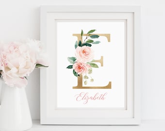 Gold Blush Pink Monogram Name Printable Nursery Art, Pink Floral Monogram Nursery Decor, Custom Wall Art, Girl Nursery Decor Download, 621-A