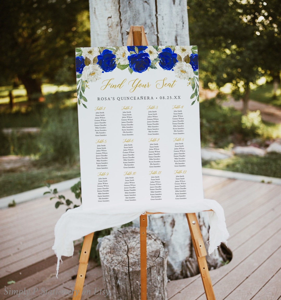 Quinceanera Seating Chart Template, Royal Blue Gold Seating Chart