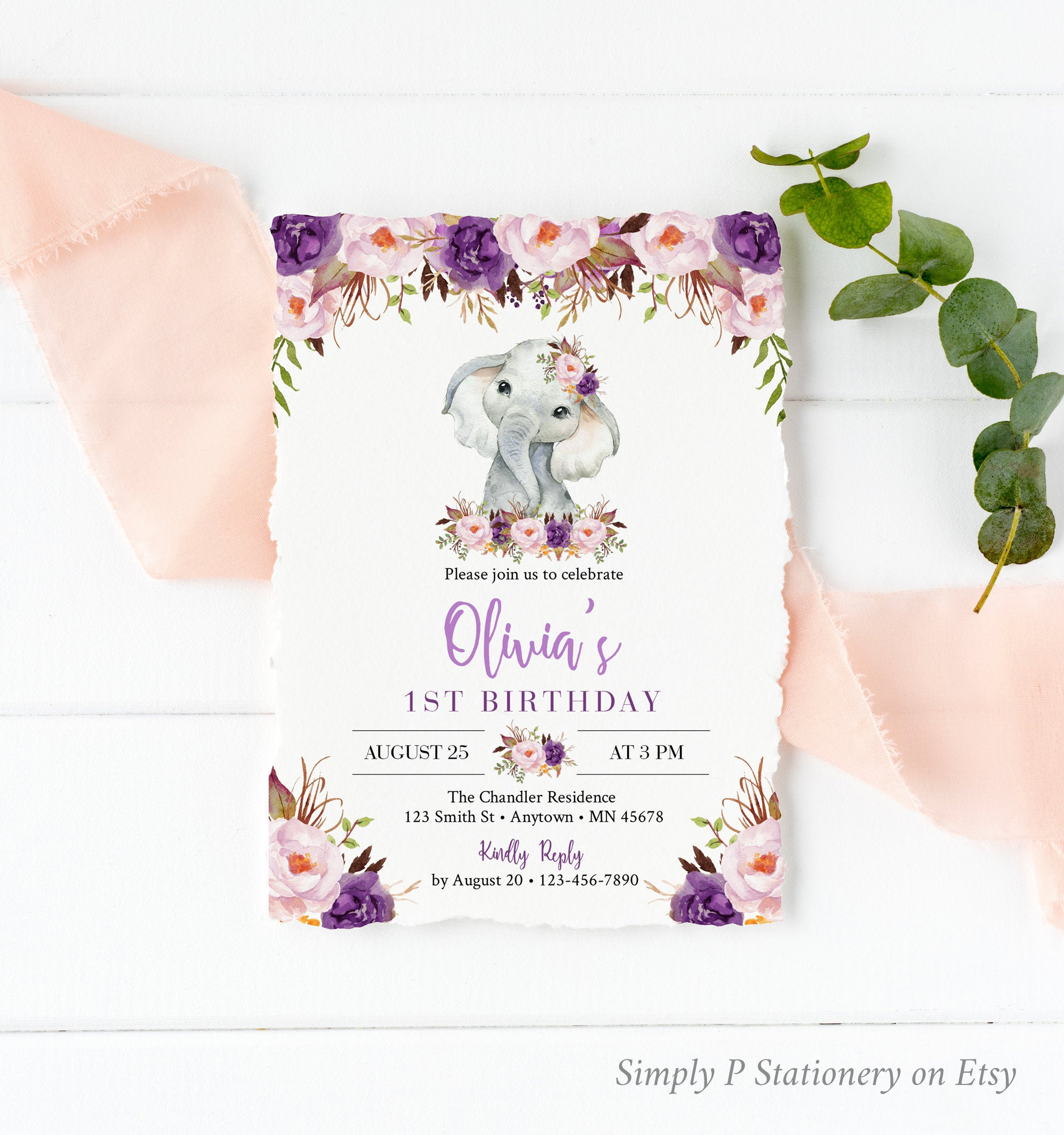 Printable Invitation DIGITAL DOWNLOAD Floral Photo Purple Floral First