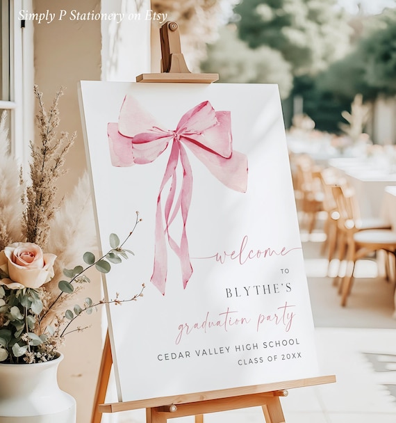 Pink Bow Graduation Party Welcome Sign, Graduation Welcome Poster Template, Printable Grad Welcome Board, Welcome Yard Sign Editable 053-A