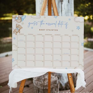 Bär Baby Fälligkeitsdatum Kalender Spiel Junge Teddybär Errate Baby Geburtstag Poster Geburtstagsvorhersage Duschspiel für einen Jungen Bearbeitbare Vorlage 044-W