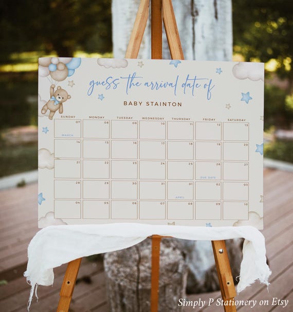 Bear Baby Due Date Calendar Game, Guess Baby Birthday Poster, Boy, Editable Template 044-B