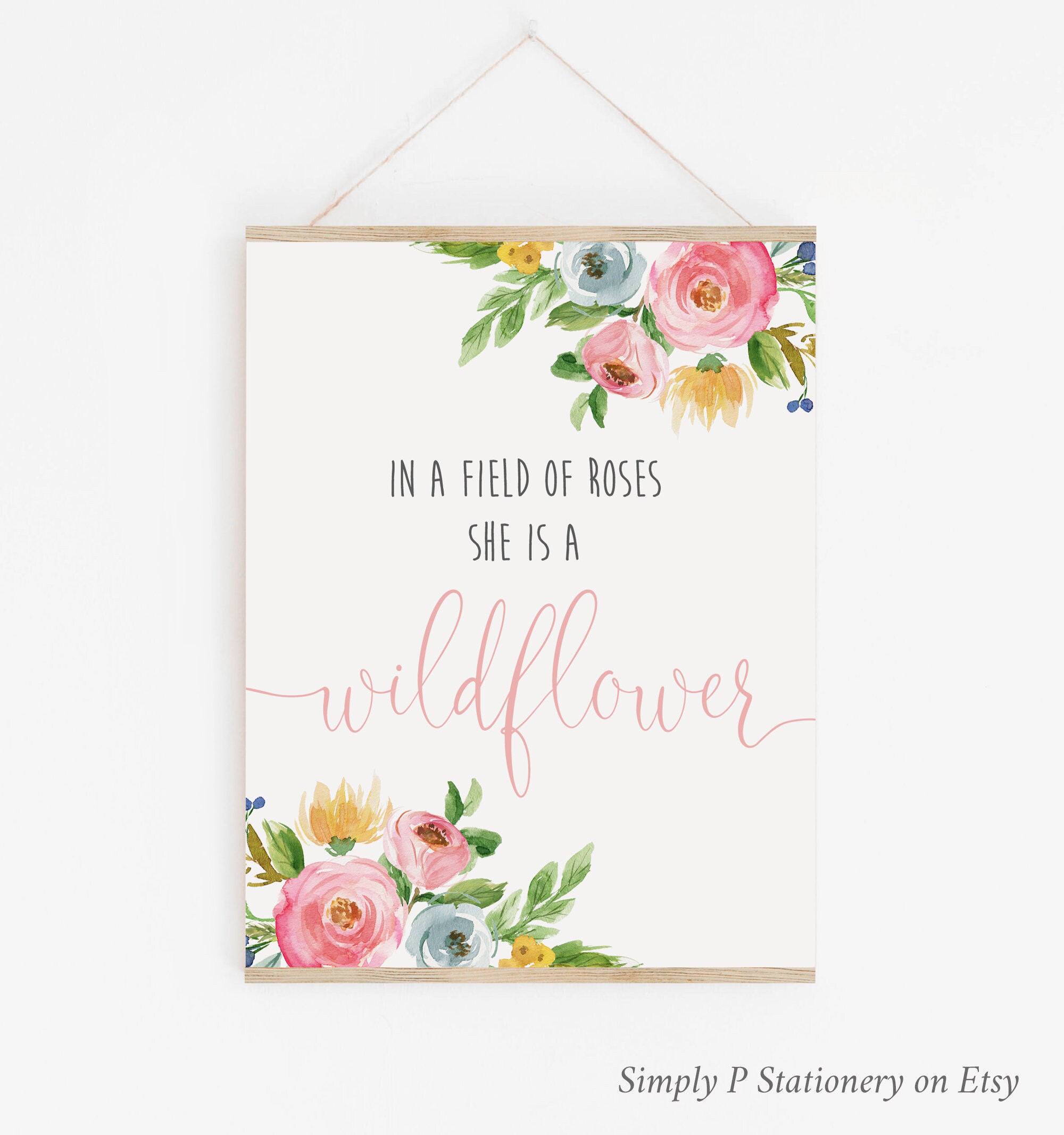 She is a Wildflower Floral Printable Nursery Art Pink Green | Etsy