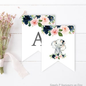 Navy Pink Floral Elephant Editable Bunting, Blush DIY Banner Template, Girl Boy Printable Bunting, Garland Templett, Instant Download, 008-N