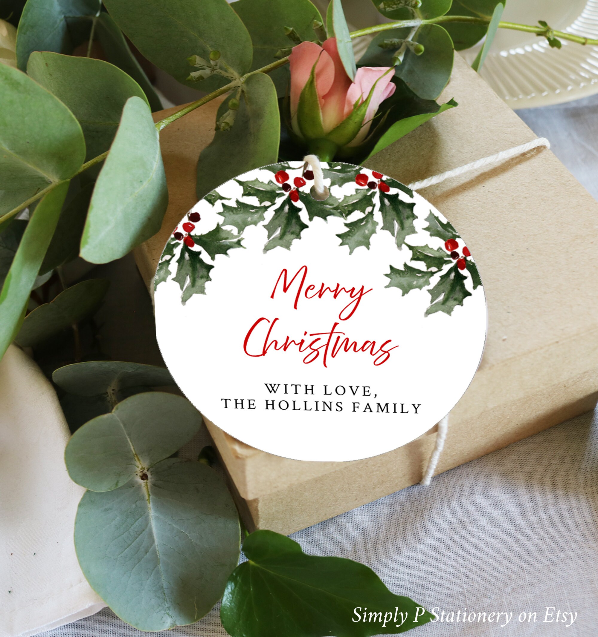 Editable Round Holly Christmas Gift Tag, Printable Holly Holiday Label ...
