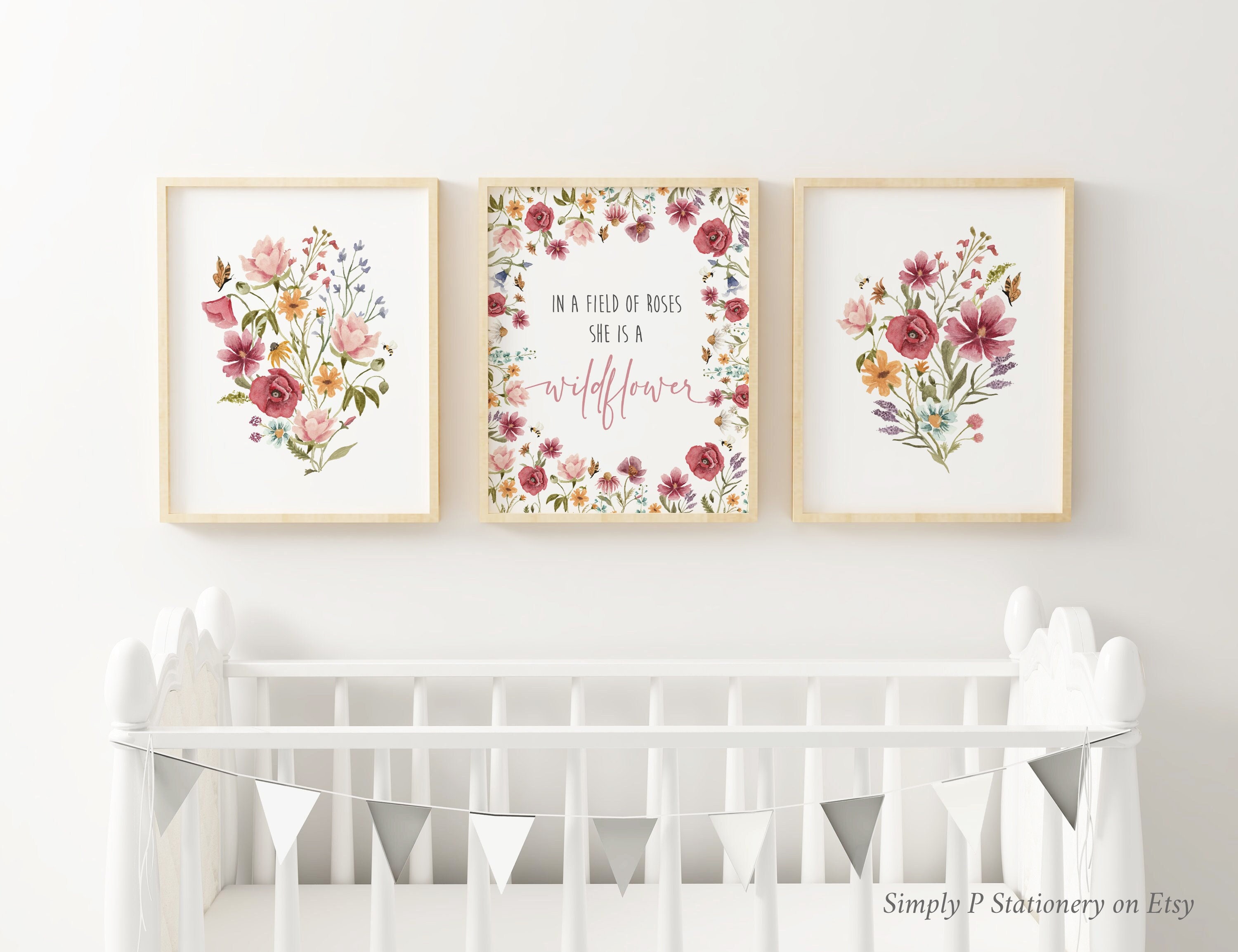 In A Field of Roses She is A Wildflower Watercolour Flower Print,  Wildflower Wall Art, Florals and Bees Watercolor Design, Nursery Art 