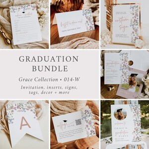 Graduation Party Bundle Girl, Wildflower Graduation Invite Set, Grad Welcome Poster, QR Code Sign, Grad Party Decor, Editable Template 014-W