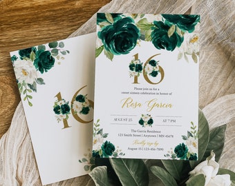 Emerald Green Sweet Sixteen Invitation, Emerald Floral Sweet 16 Invite, Printable Emerald Gold Sweet 16 Birthday, Editable Template, 065-W