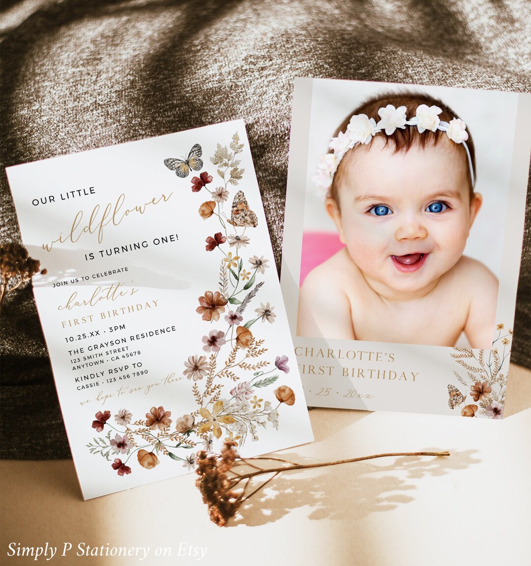 Wildflower First Birthday Invitation Girl, Floral 1st Birthday Party