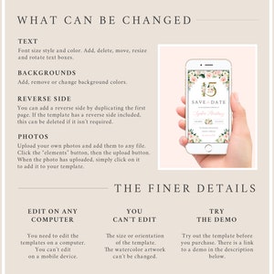 May include: A digital mockup of a save the date card with a pink floral design and gold accents. The card says "Save the Date" and features the name "Sophia Martinez". The card is being held by a hand on a smartphone.