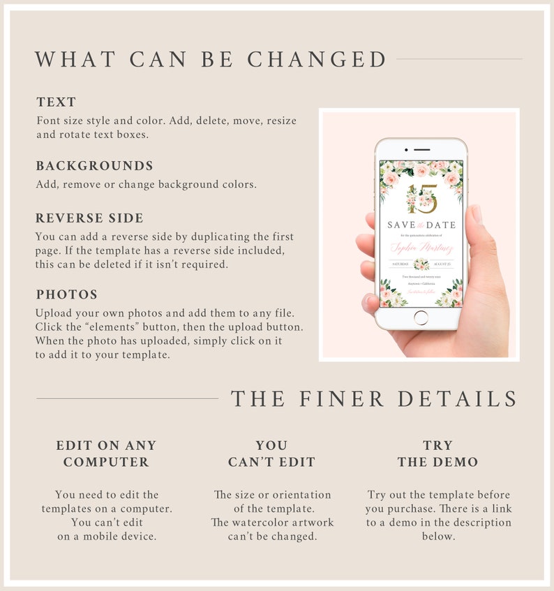 May include: A digital mockup of a save the date card with a pink floral design and gold accents. The card says "Save the Date" and features the name "Sophia Martinez". The card is being held by a hand on a smartphone.