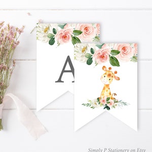 Pink Floral Giraffe Editable Bunting, Blush DIY Banner Template, Girl Custom Printable Bunting, Garland Templett, Instant Download, 057-W