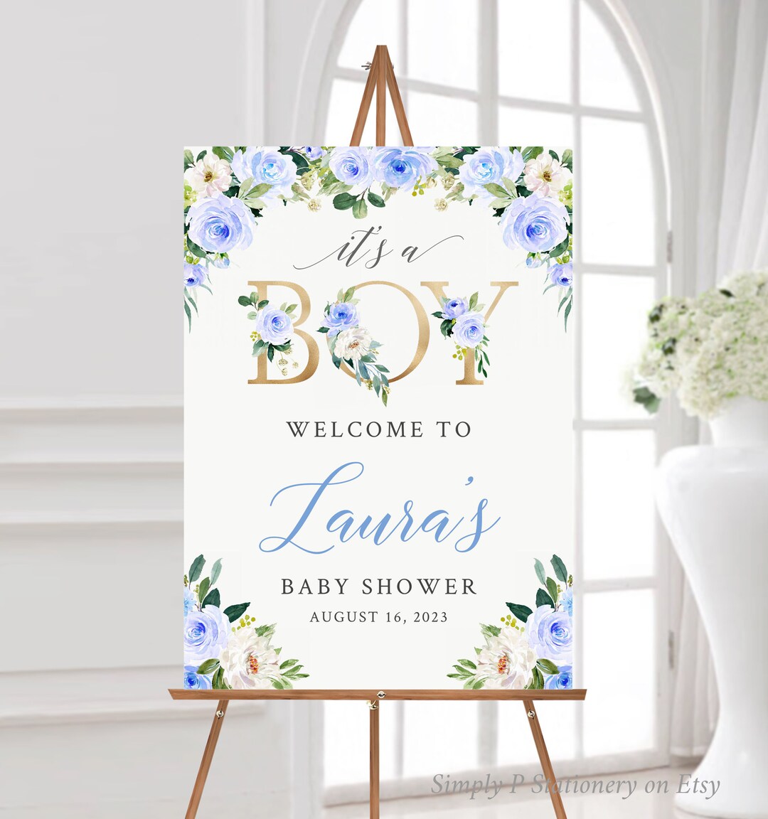 It's a Boy Blue Gold Floral Editable Baby Shower Welcome Sign, Greenery ...