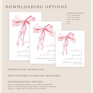 May include: Three printable graduation party invitations with a pink watercolor bow design. The text on the invitations reads "Welcome to Blythe's Graduation Party, Cedar Valley High School, Class of 20XX".