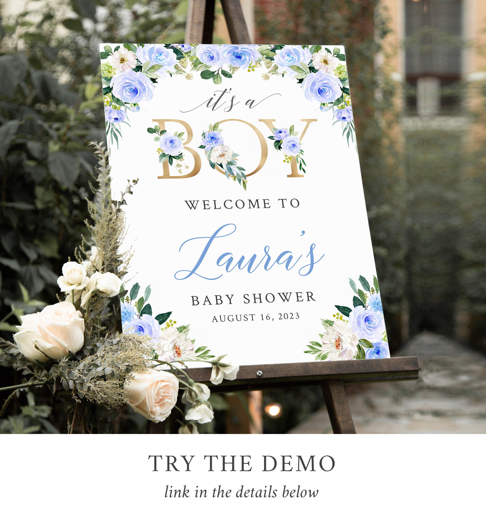 It's a Boy Blue Gold Floral Editable Baby Shower Welcome - Etsy