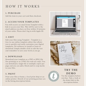 May include: How to use a digital template for a baby shower invitation. The image shows a laptop screen with a baby shower invitation template open in the Templett editor. The text on the invitation says "hello baby".