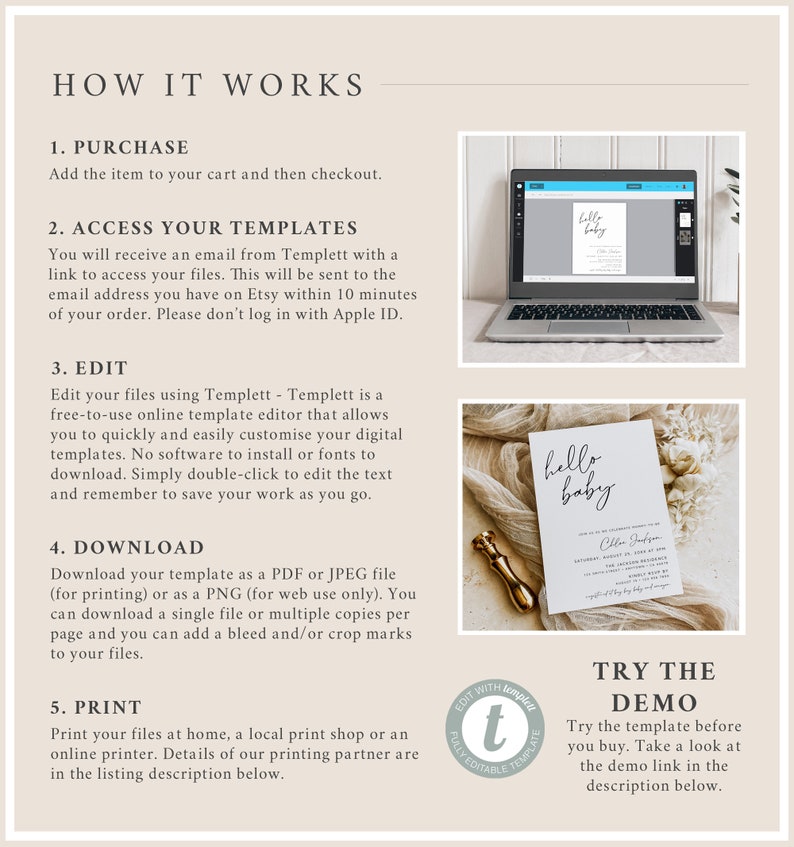 May include: How to use a digital template for a baby shower invitation. The image shows a laptop screen with a baby shower invitation template open in the Templett editor. The text on the invitation says "hello baby".