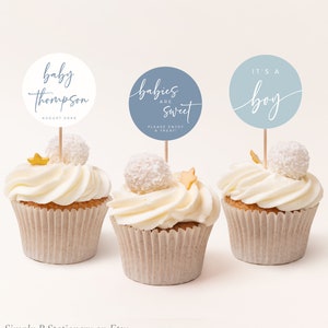 Toppers de cupcakes azul polvoriento, toppers modernos, decoración de ducha de niño, etiqueta redonda mínima, decoración de pastel de niño, topper imprimible, plantilla editable 001-B