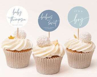 Dusty Blue Cupcake Toppers, Modern Toppers, Boy Shower Decor, Minimal Round Label, Boy Cake Decor, Printable Topper, Editable Template 001-B