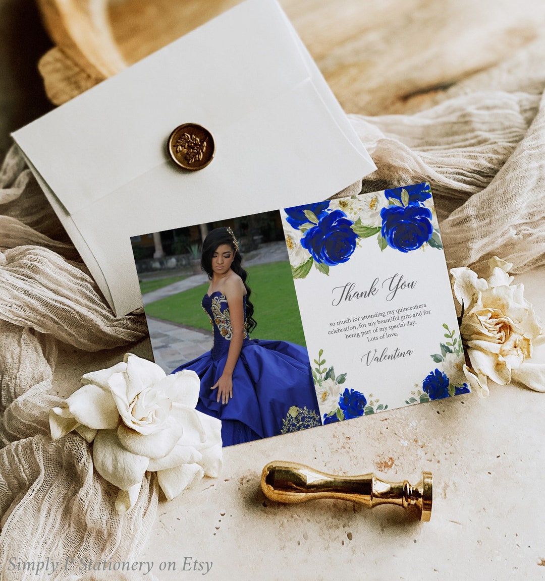 Royal Blue Quinceañera Thank You Card Template, Printable Mis Quince Thank You Card With Photo
