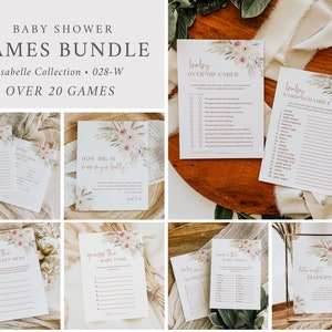 Boho Baby Shower Games Bundle, Blush Games Pack, Pampas Grass Baby Shower Games, Bohemian Baby Girl Printable Games, Editable Template 028-W