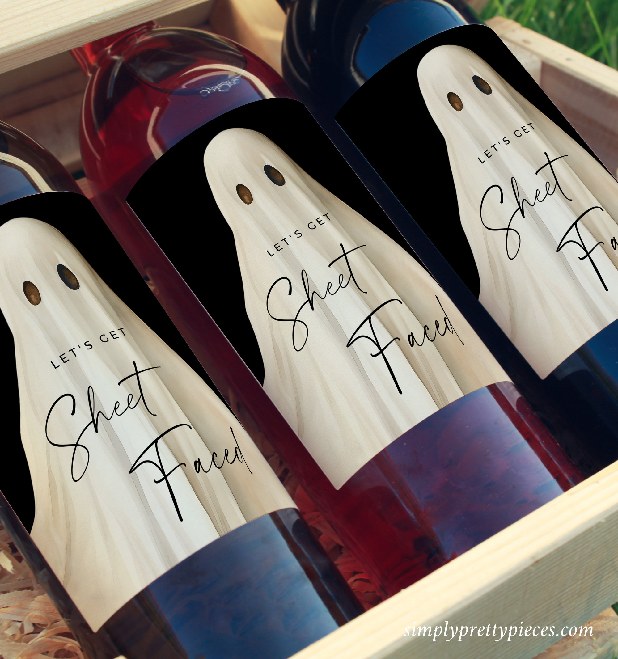 Let's Get Sheet Faced Wine Bottle Label Template Funny Halloween Wine Bottle Label Printable Drink Label Ghost Sticker Editable Label 078-B