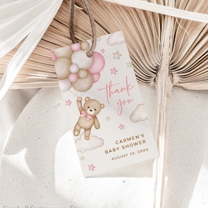 Bear Baby Shower Favor Tag Girl Favor Tag, Bearly Wait Shower Thank You Tag, Bear Balloons Tag, Printable Tag, Editable Tag Template, 044-P